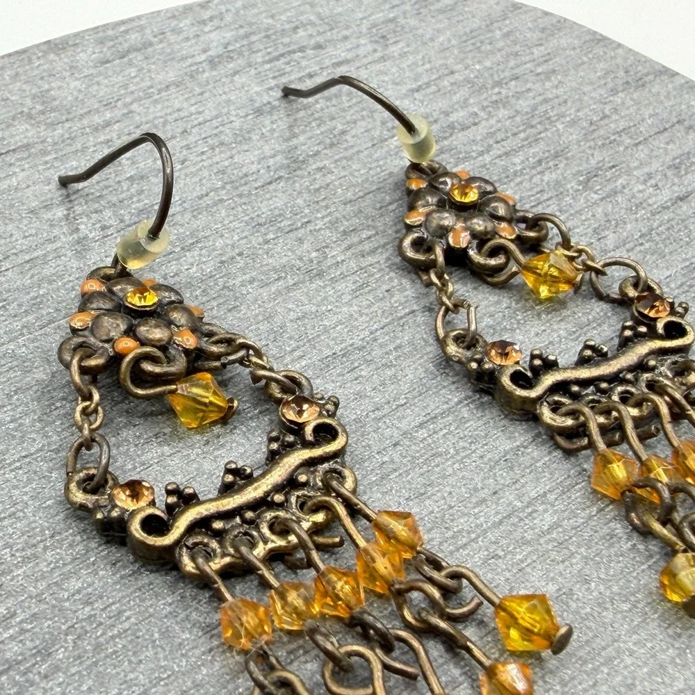 Bronze & Amber Tone Bead Chandelier Earrings Boho Floral Statement Pierced Drop